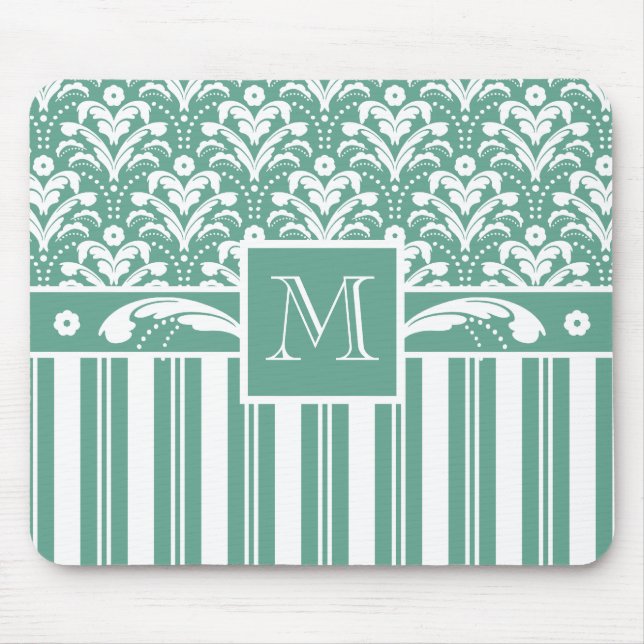 Elegant Sea Green Damask with Your Monogram Mouse Mat (Front)