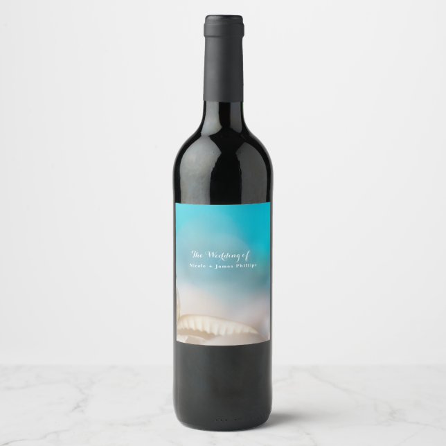Elegant Sea Shells Blue Tropical Beach Wine Labels (Front)