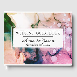 *~* Elegant Sea Teal Pink Watercolor Paint Wedding Guest Book