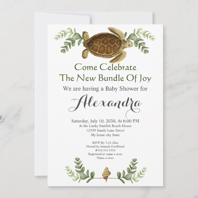 Elegant Sea Turtle Foliage  Baby Shower invitation (Front)