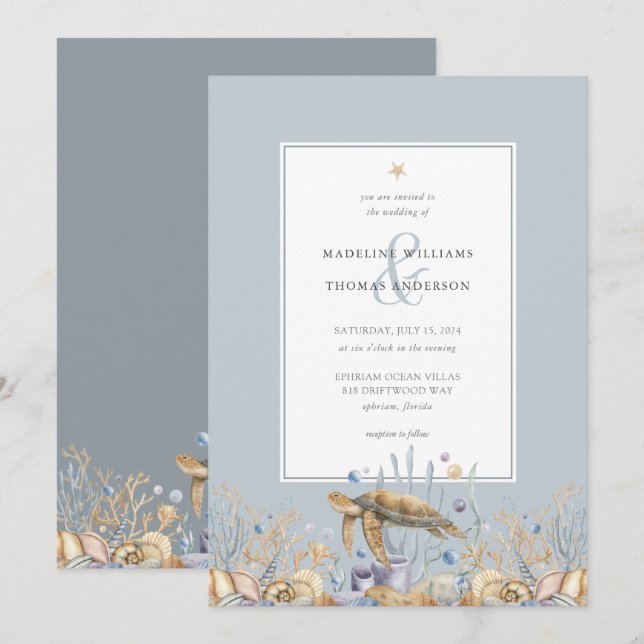 Elegant Sea Turtle Ocean Wedding Invitation (Front/Back)