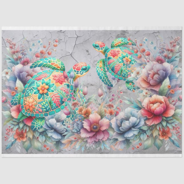 Elegant Sea Turtles & Watercolor Florals Decoupage Tissue Paper (Front)