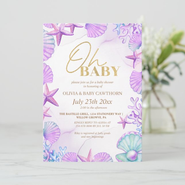 Elegant Sea Watercolor Gold Glitter Baby Shower Invitation (Standing Front)