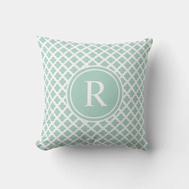 Elegant Seafoam Mint Quatrefoil Monogram Cushion (Front)