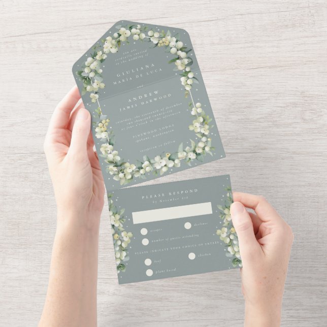 Elegant Seafoam Snowberry+Eucalyptus Wedding All In One Invitation (Tearaway)