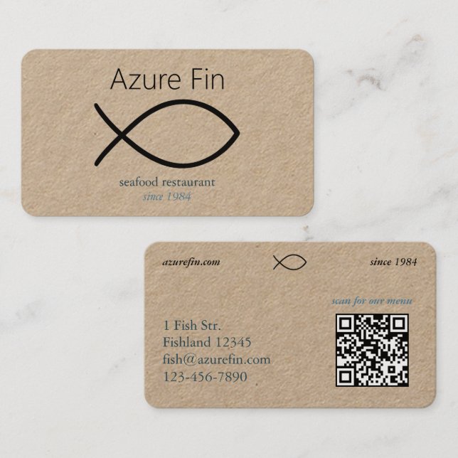 Elegant Seafood Restaurant | Fish Logo & QR Code Business Card (Front/Back)