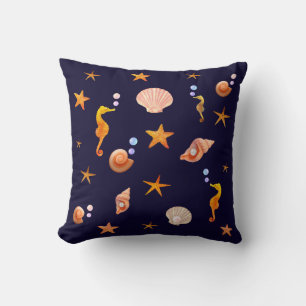Elegant seahorses, shells & sea stars on navy blue cushion
