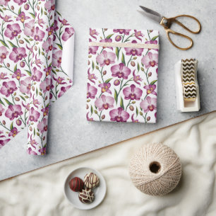 Elegant Seamless Pattern of Purple and Pink Orchid Wrapping Paper