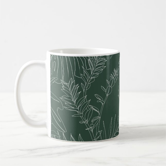 Elegant seamless pattern with green hand drawn lin coffee mug (Left)
