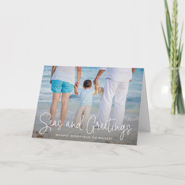 Elegant Seas and Greetings Beach Photo Christmas Holiday Card (Front)