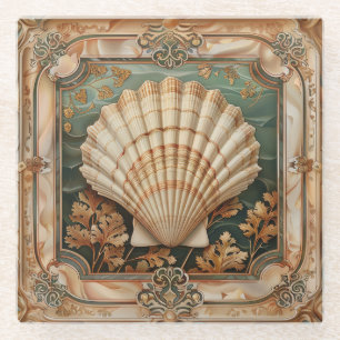 Elegant Seashell Art Nouveau Decorative Glass Coaster
