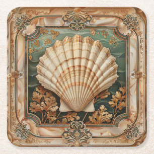 Elegant Seashell Art Nouveau Decorative Square Paper Coaster