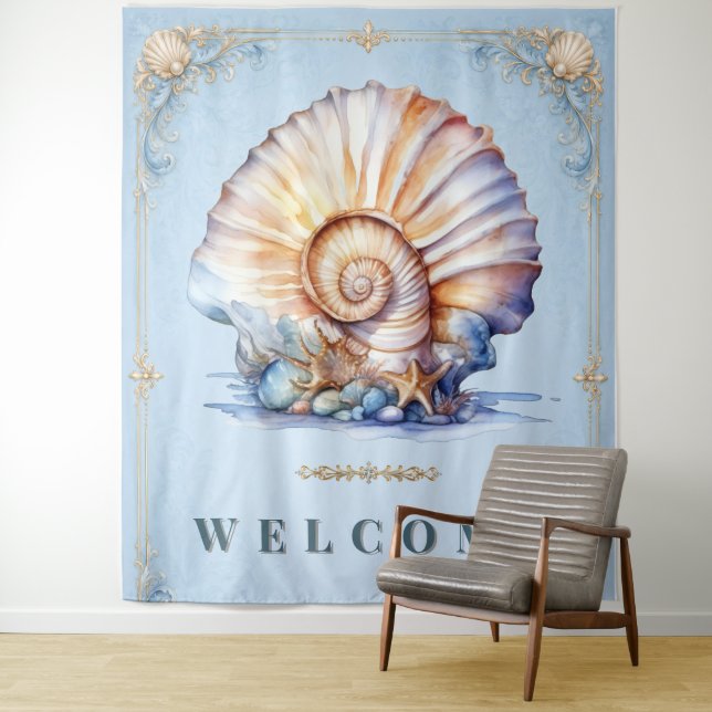 Elegant seashell beach wedding welcome sign tapestry (In Situ)