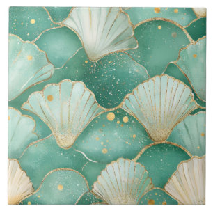 Elegant Seashell & Gold Coastal Ceramic Tile