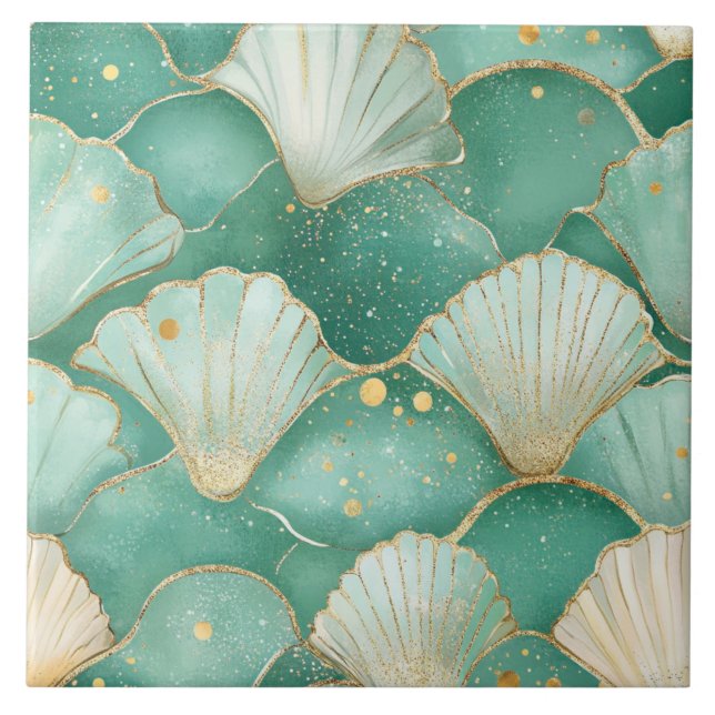 Elegant Seashell & Gold Coastal Ceramic Tile (Front)