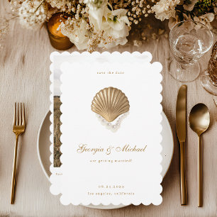 Elegant Seashell & Pearls Gold Coastal Wedding Save The Date