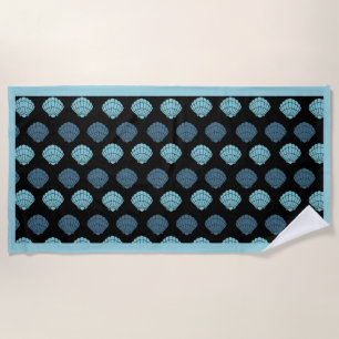Elegant Seashells Blue on Black Beach Towel