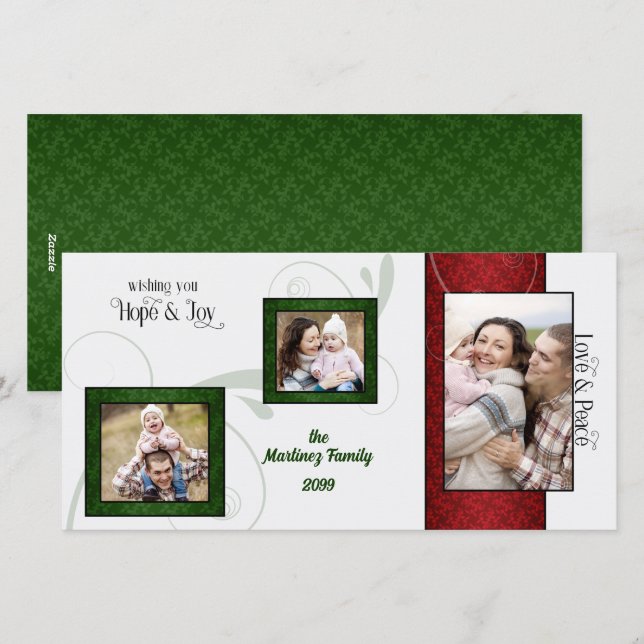Elegant Seasonal Love and Peace 3 Photo Holiday Card (Front/Back)