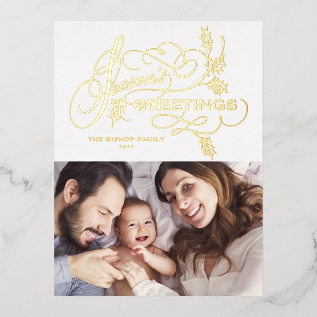Elegant Season's Greetings Flourish Family Photo Foil Holiday Postcard (Front)