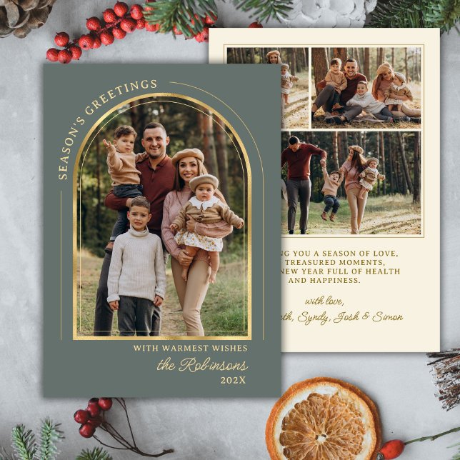 Elegant Seasons Greetings Gold Arch Green 4 Photo Holiday Card (Creator Uploaded)