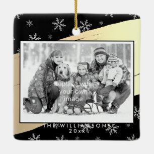 Elegant Season's Greetings Gold Splash on Black Ceramic Ornament