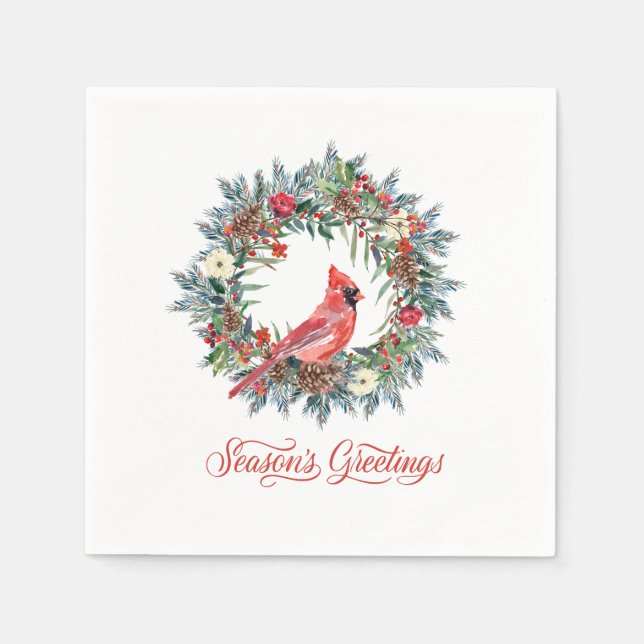 Elegant Season's Greetings Wreath Red Cardinal Napkin (Front)