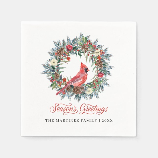 Elegant Season's Greetings Wreath Red Cardinal Napkin (Front)