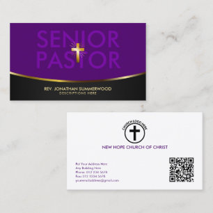 Elegant Senior Pastor Gold Cross & Wave Purple Business Card