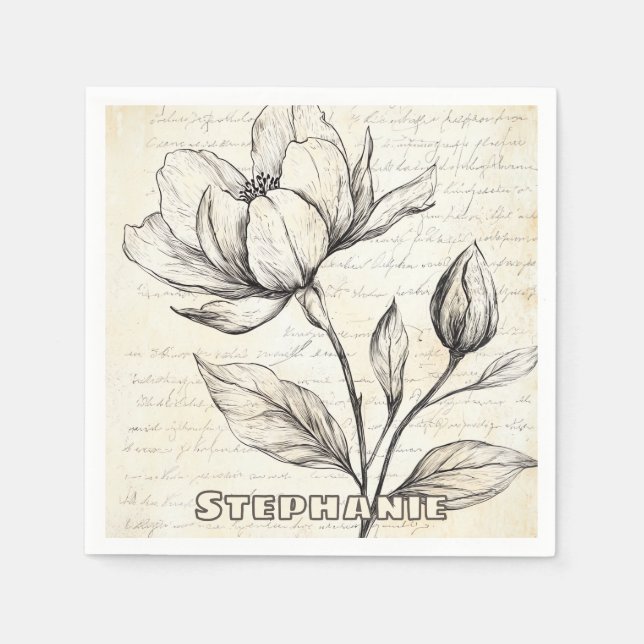 Elegant Sepia Botanical Flowers Vintage Script Napkin (Front)