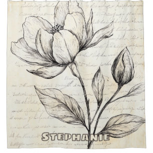 Elegant Sepia Botanical Flowers Vintage Script Shower Curtain
