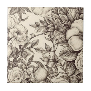 Elegant Sepia Botanical with Layered Florals Tile