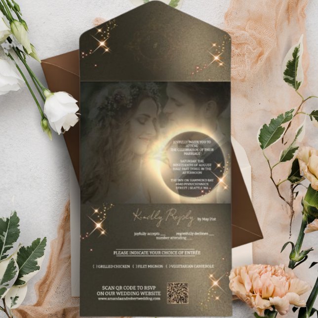 Elegant Sepia Solar Eclipse Custom Photo Wedding   All In One Invitation (Creator Uploaded)