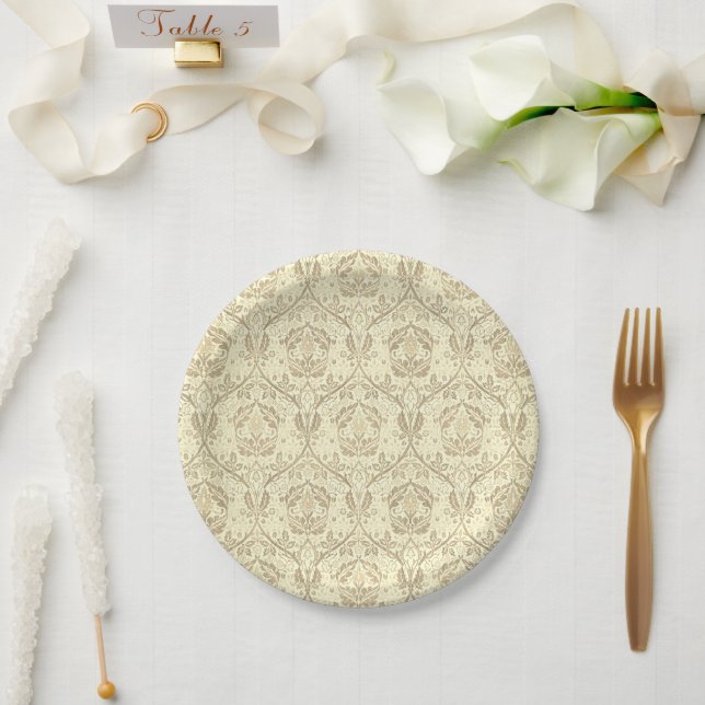 Elegant Sepia Tan Floral Pattern Paper Plate (Wedding)