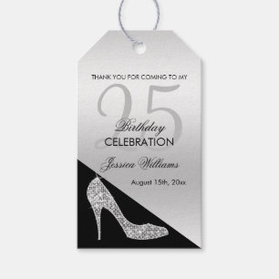 Elegant Sequin Stiletto, Silver & Black Birthday Gift Tags