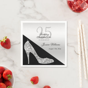 Elegant Sequin Stiletto, Silver & Black Birthday   Napkin