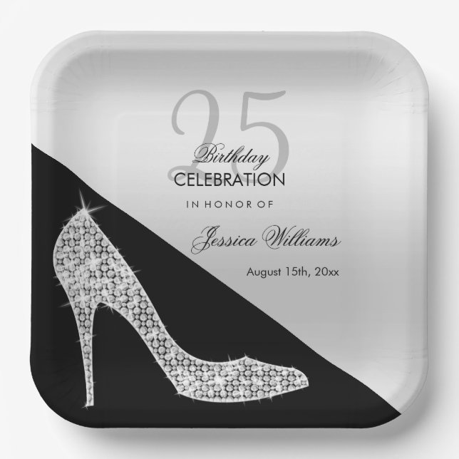 Elegant Sequin Stiletto, Silver & Black Birthday   Paper Plate (Front)