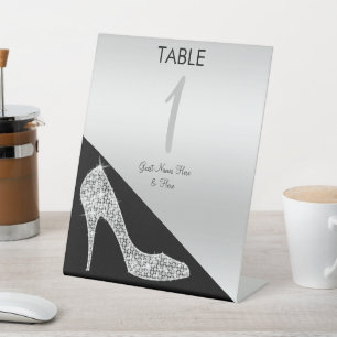Elegant Sequin Stiletto, Silver & Black Birthday Pedestal Sign
