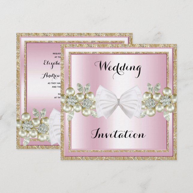 Elegant Sequins & Floral Gems Glitter Bow Wedding Invitation (Front/Back)