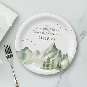 Elegant serene green mountain landscape paper plate