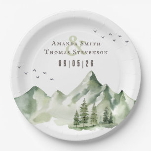 Elegant serene green mountain landscape paper plate