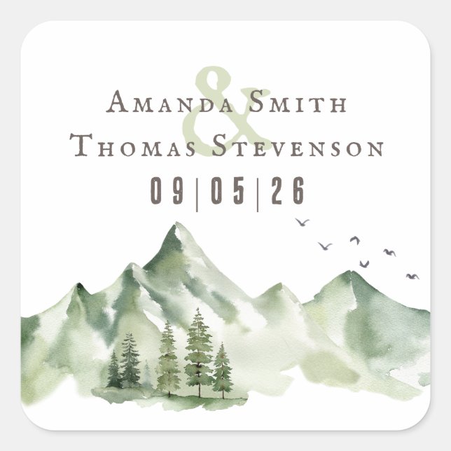 Elegant serene green mountain landscape wedding square sticker (Front)