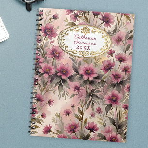 Elegant Serene Watercolor Pink and Purple Flowers Notebook
