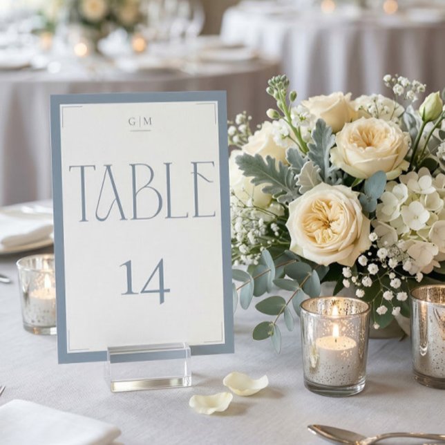 Elegant Serif Blue Grey Monogram Table Number (Creator Uploaded)