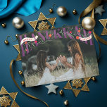 Elegant Serif Hand-Lettered Happy Hanukkah Photo Holiday Card<br><div class="desc">Elegant hand lettered serif "hanukkah" with pomegranates and flowers with "Happy" and "with love" in ribbons.  Original graphic by Becky Nimoy. Photo courtesy of unsplash; in purple</div>