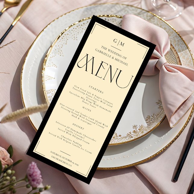 Elegant Serif Monogram Black Creme Wedding  Menu (Creator Uploaded)