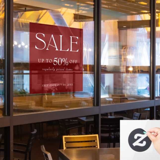 Elegant Serif Retail Burgundy Red Sale Window Cling (Restaurant Window)