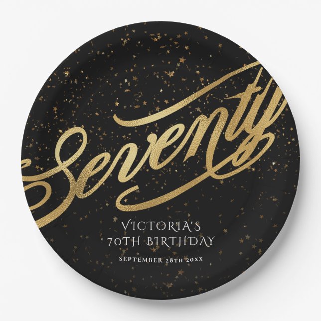 Elegant Seventy 70th Birthday Gold Black Confetti Paper Plate (Front)