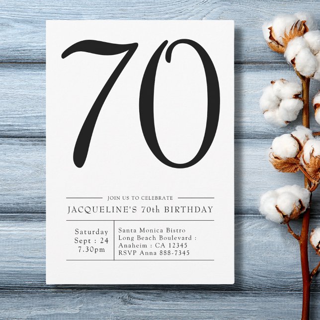 Elegant seventy 70th Birthday Simple Party Invitation (70th Birthday black and white invitation. Light blue plank background. )