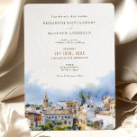 Elegant Sevilla Spain Destination Wedding Invitation<br><div class="desc">Celebrate your special day with this exquisite Sevilla, Spain destination wedding invitation. Featuring a stunning watercolor illustration of Sevilla's picturesque skyline, this invitation captures the charm and romance of the city's historic architecture. The soft blend of azure blues, warm terracotta, and lush greenery evokes the vibrant atmosphere of this enchanting...</div>