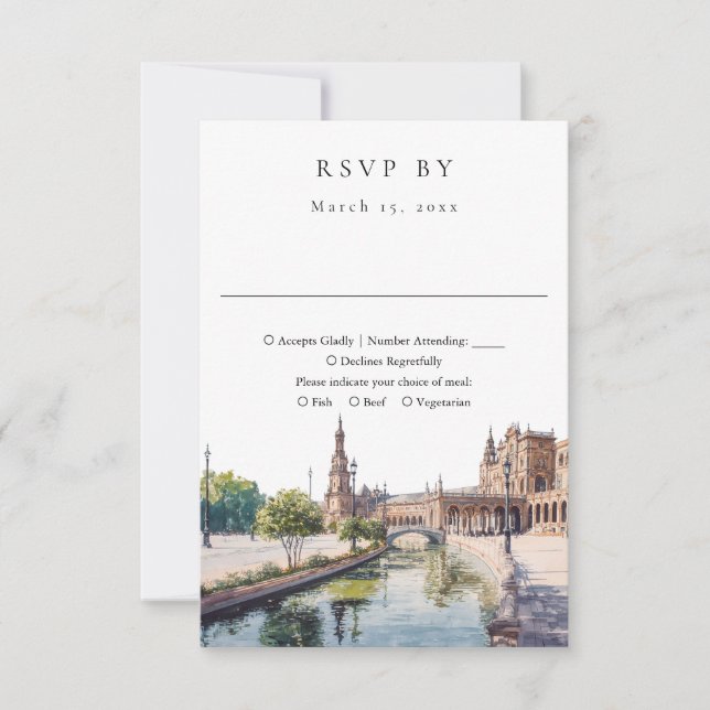 Elegant Seville Spain Watercolor Wedding RSVP Card (Front)